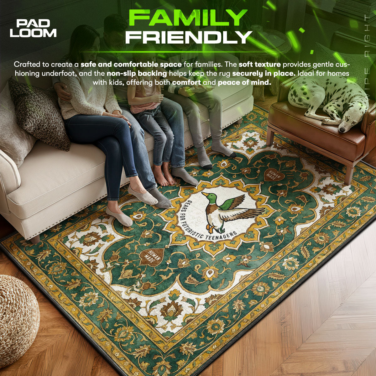 Human area rug showing full Vintage artwork