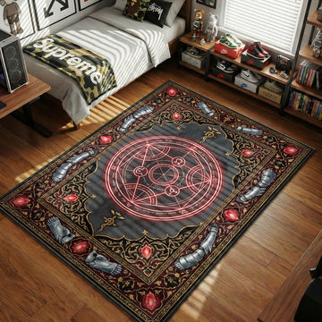 Glowing human transmutation circle surrounded by automail limbs, Flamel symbols, and Philosopher's Stones in an ornate magical tome art style movie themed area rug and home theater mat