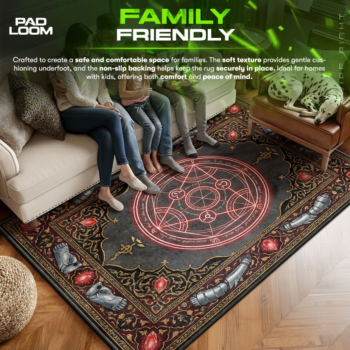 Human area rug showing full home decor artwork