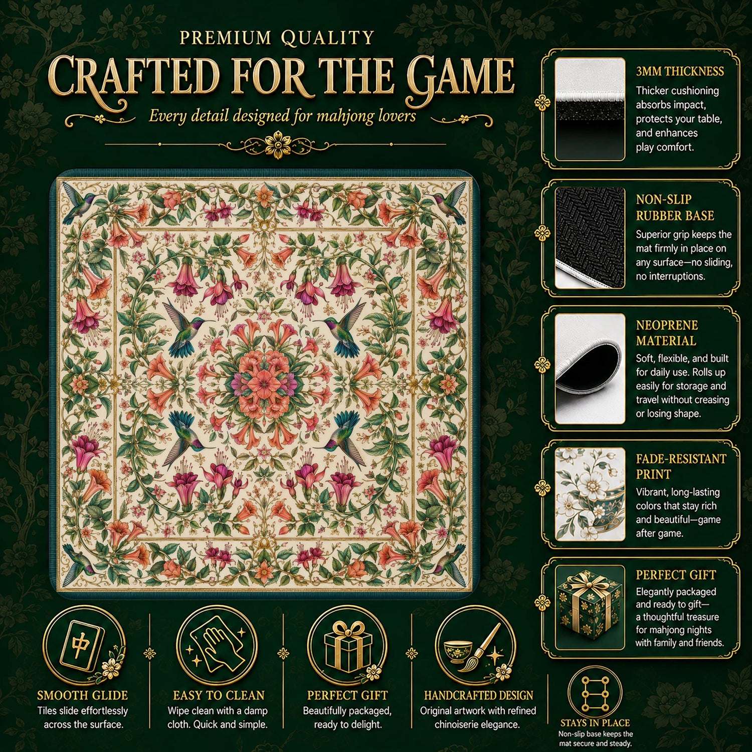 Hummingbird Trellis Mahjong Mat - Mah Jongg Mat