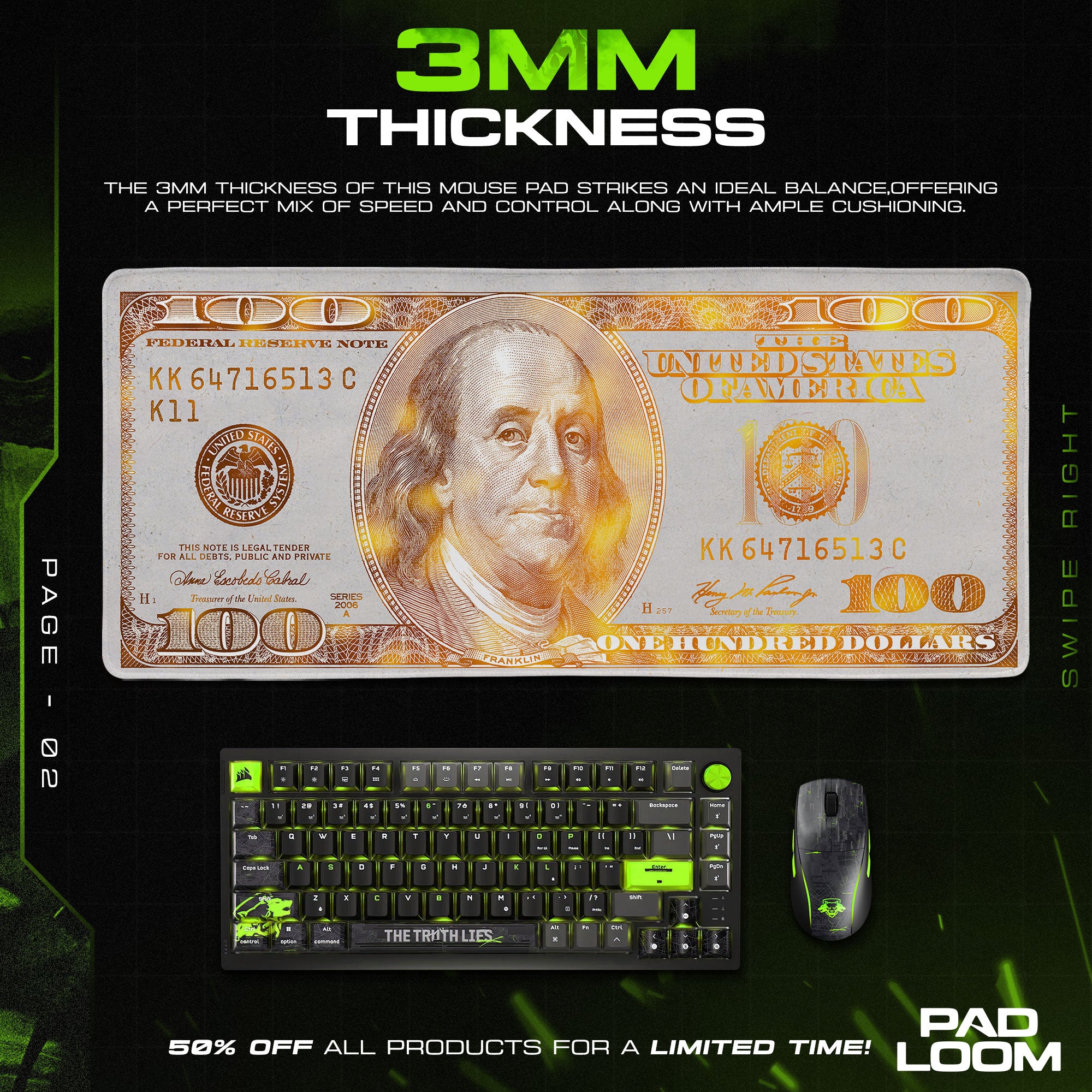 Hundred Dollar Bill Mouse Pad, Abstract Gamer Desk Mat