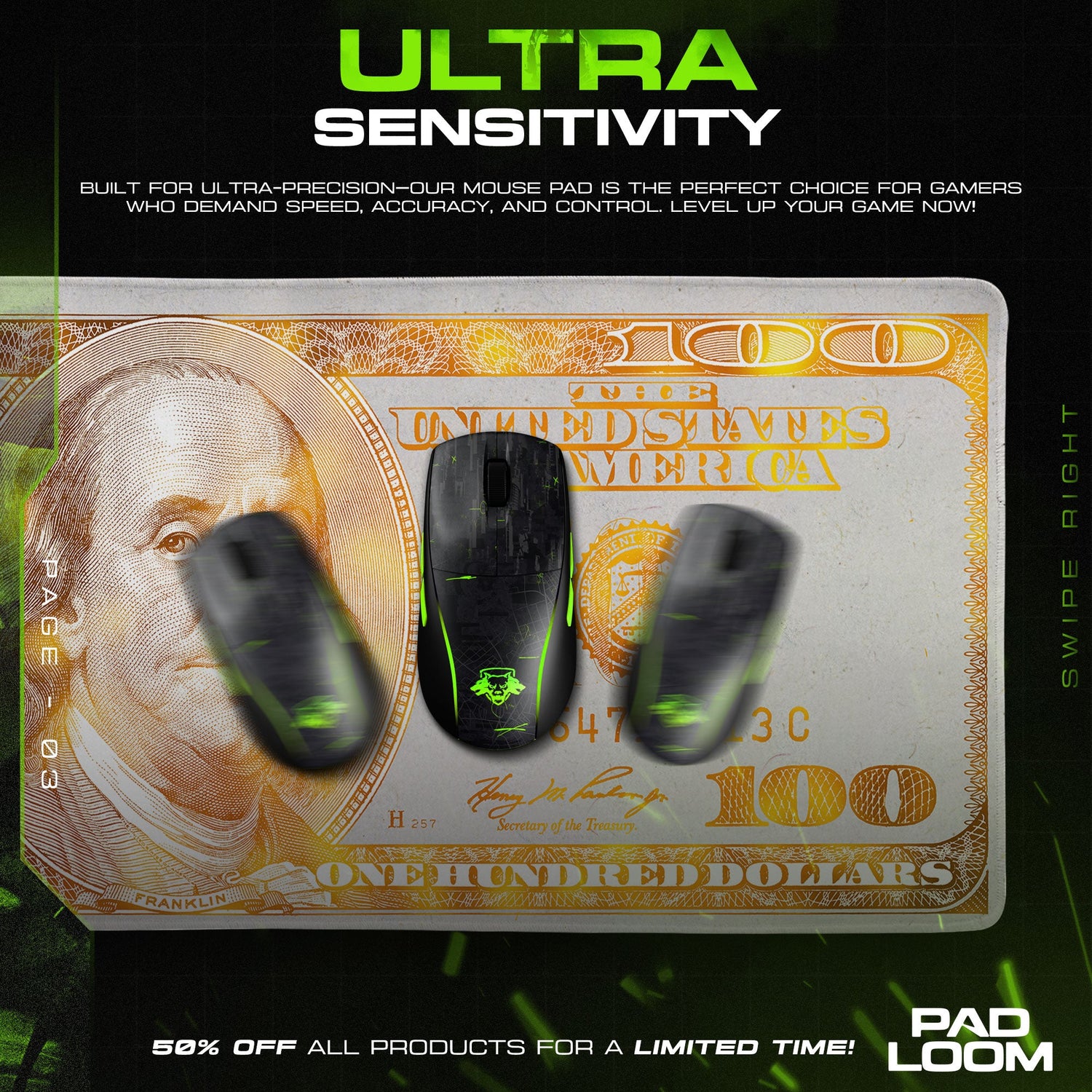 Hundred Dollar Bill Mouse Pad, Abstract Gamer Desk Mat Padloom