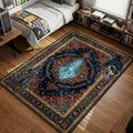 Glowing blue Hunter's Mark rune center with Eileen the Crow and The Hunter characters on blue gothic gaming area rug and floor mat