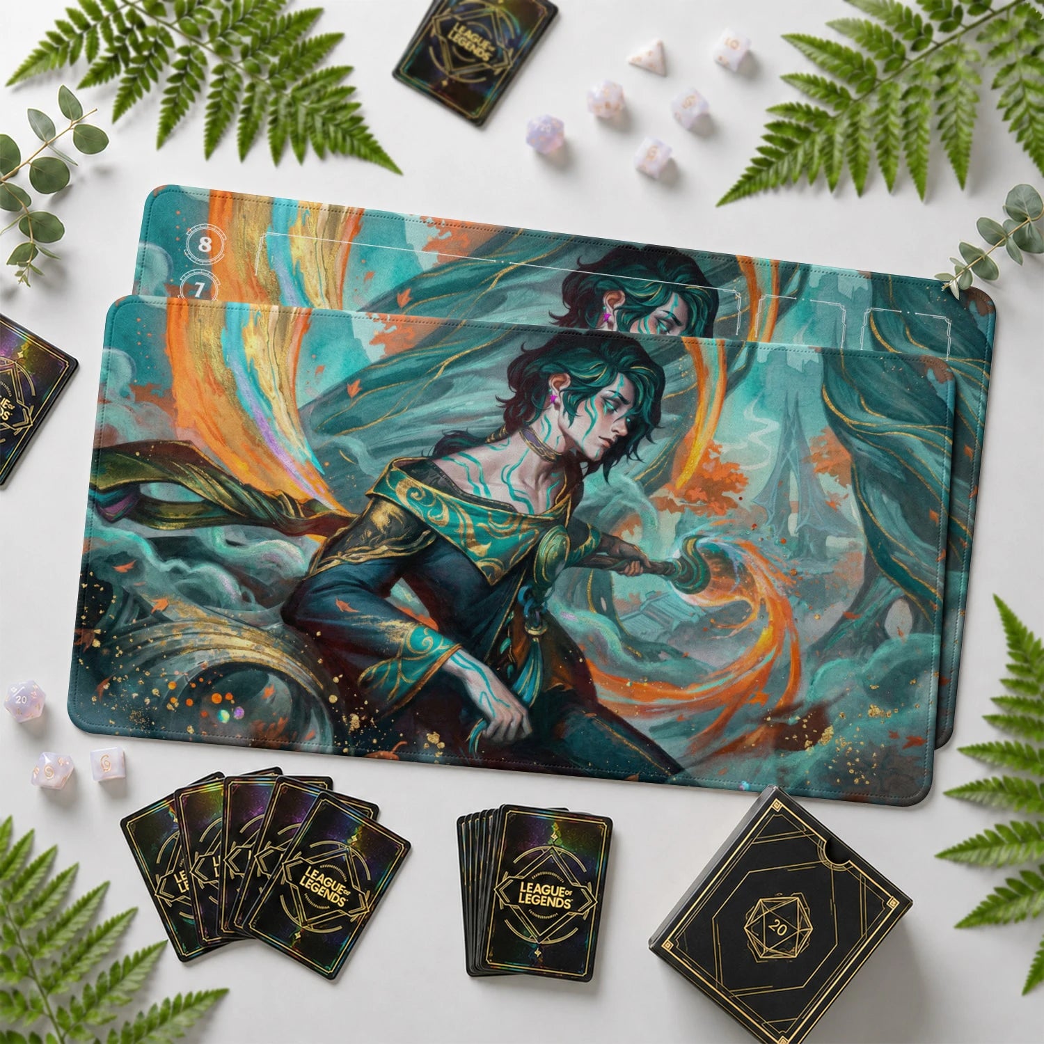 Hwei Palette Riftbound TCG playmat with card zones and score track – LoL game mat