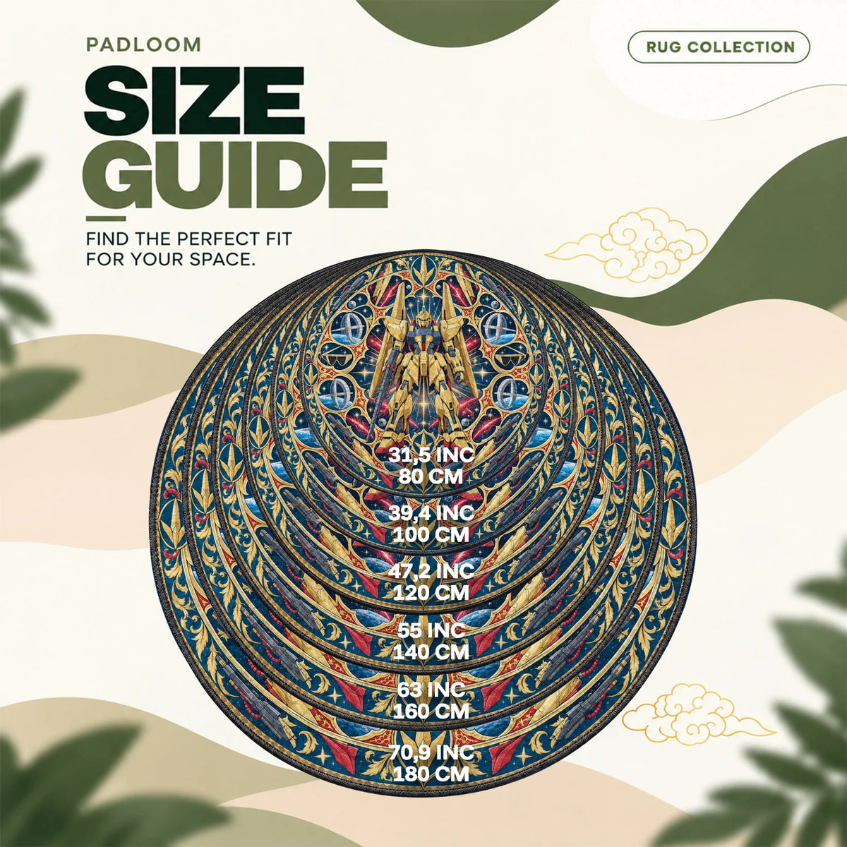 Hyaku Shiki Golden round rug size guide, 80 to 180 cm (31.5 to 70.9 in)