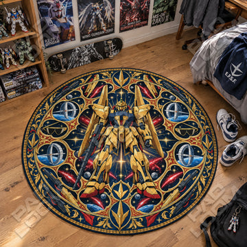 Hyaku Shiki Golden Gundam round rug on a bedroom floor - Gundam chair mat