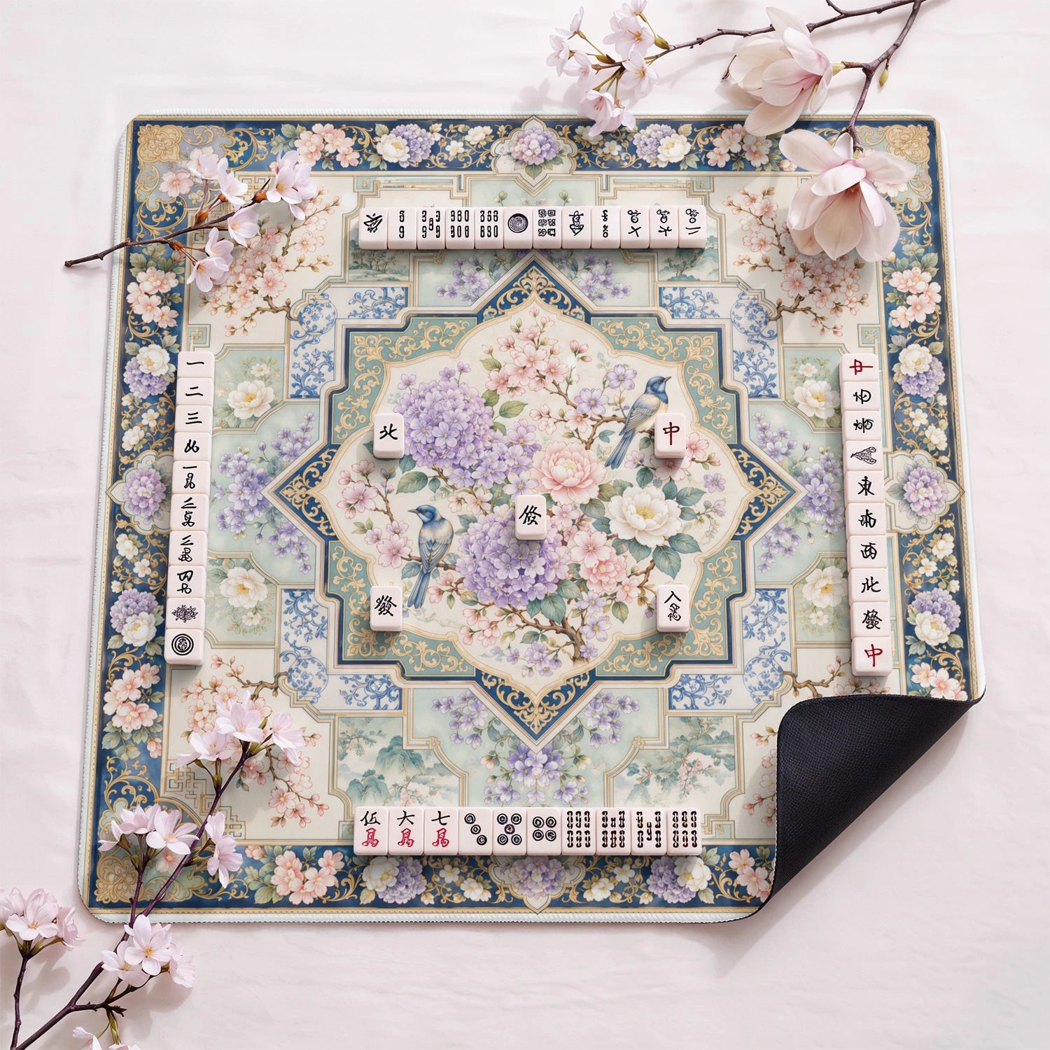 Hydrangea Bird design close-up on mahjong mat surface