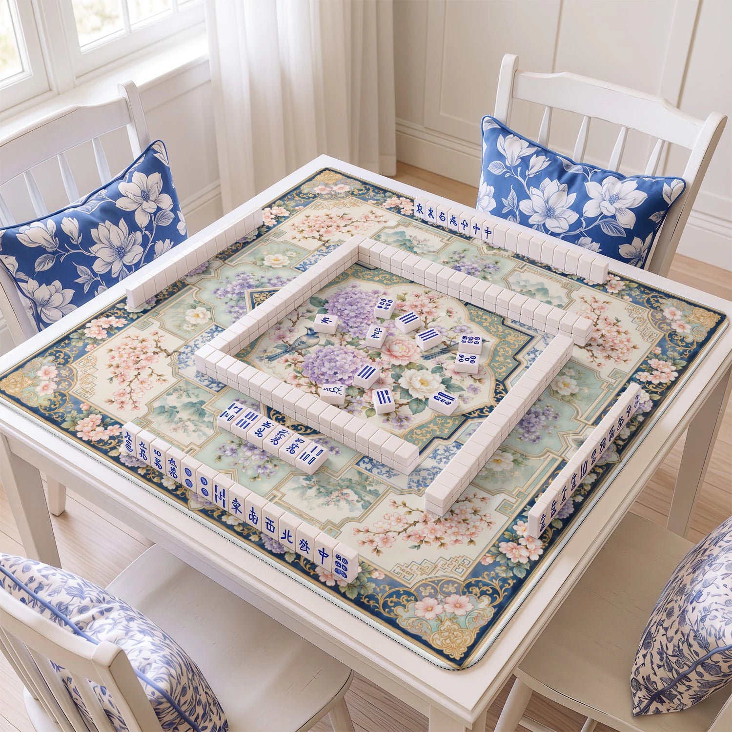 Hydrangea Bird Mahjong Mat – neoprene mah jongg table mat