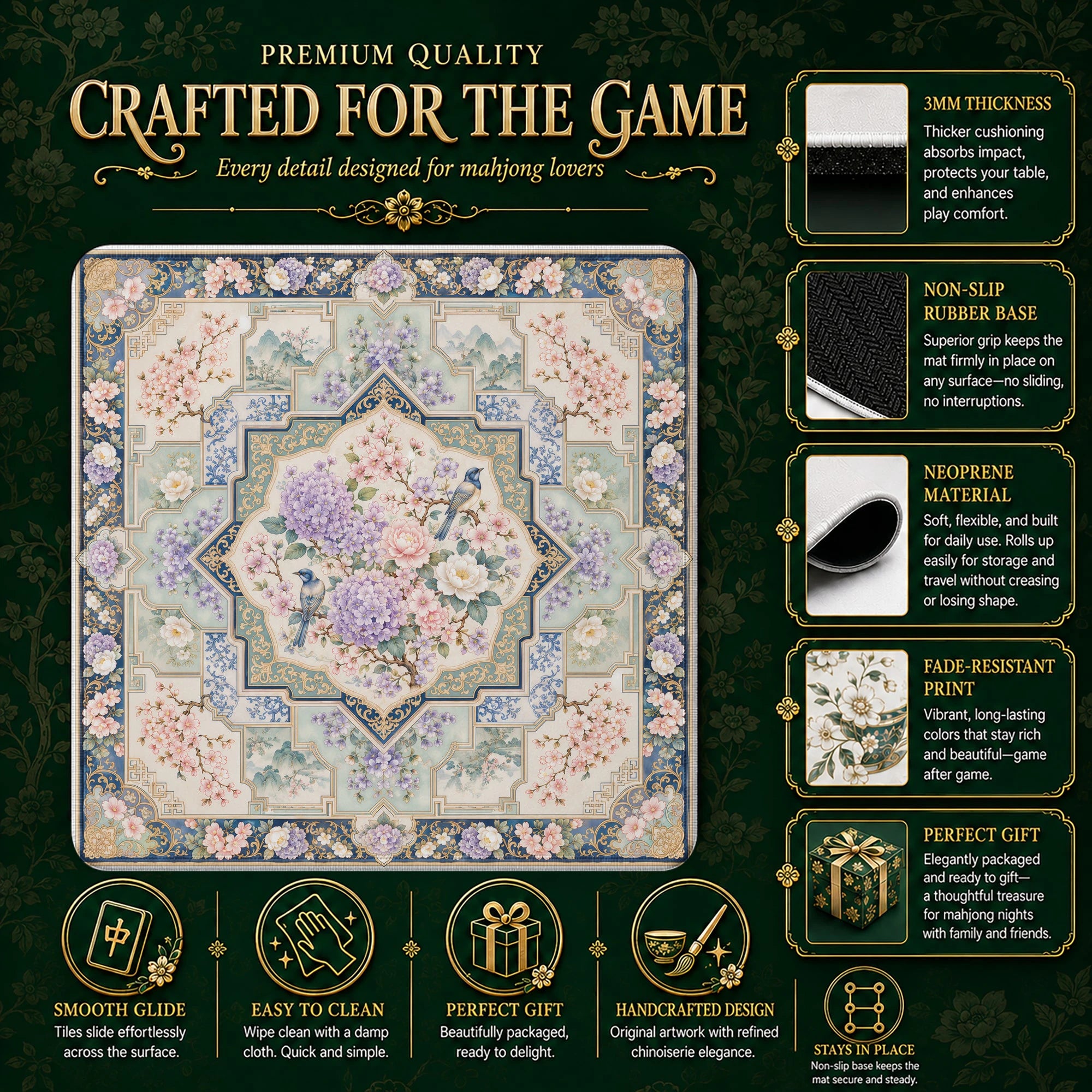 Hydrangea Bird mahjong mat – M (60x60 cm) and L (81x81 cm) sizes