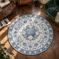 Hydrangea Blue floral round rug in a styled room - floral circle area rug