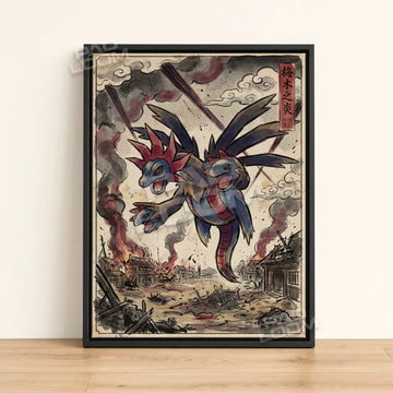 Hydreigon Inferno Pokemon poster - framed canvas wall art in a black frame
