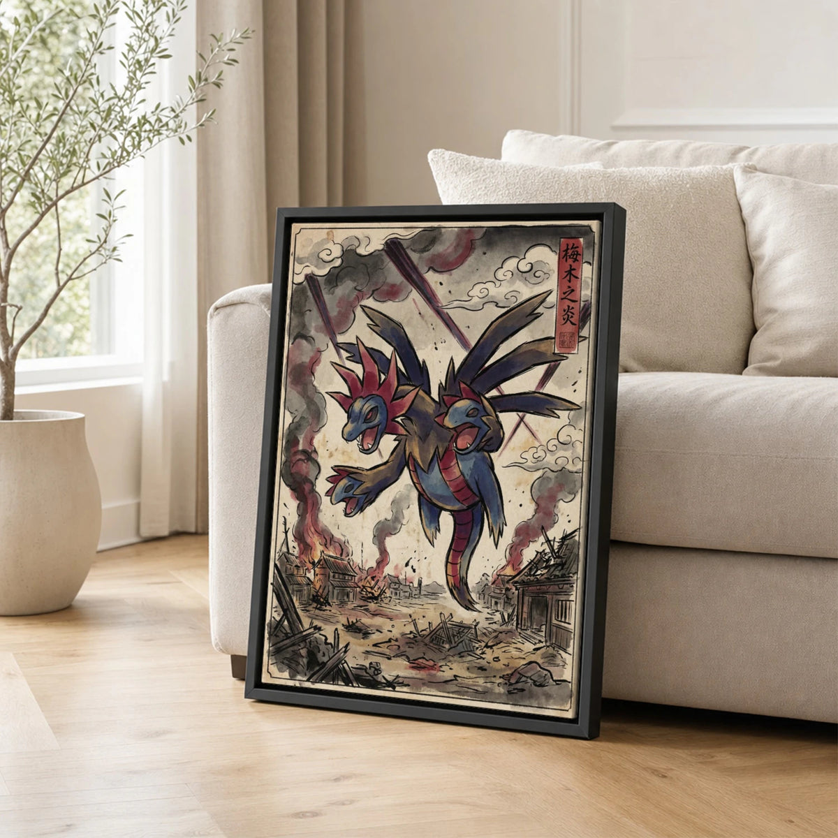 Hydreigon Inferno Pokemon poster leaning beside a sofa - living room wall art