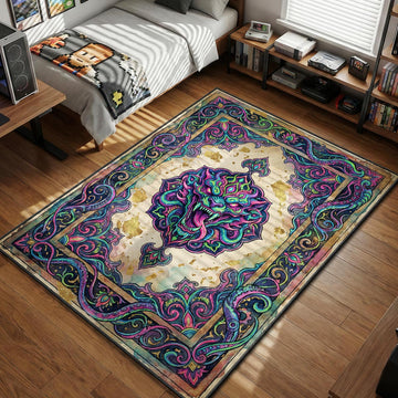 Hyper Beast monster head roaring with psychedelic colors and tentacles ornate art style gaming area rug and floor mat