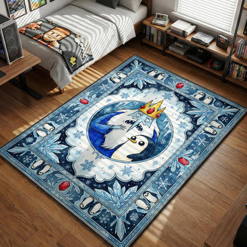 Ice King and Gunter surrounded by snowflakes and penguins ornate icy blue traditional Persian art style movie themed area rug and home theater mat