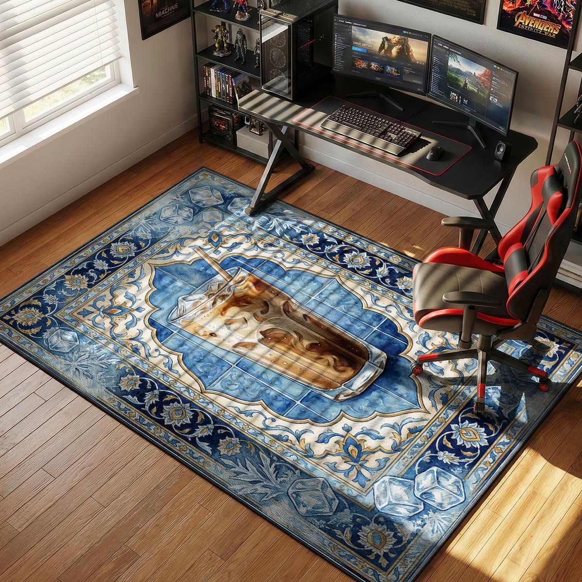 Iced coffee kitchen rug on white tile floor near a cold brew pitcher and modern kitchen counter