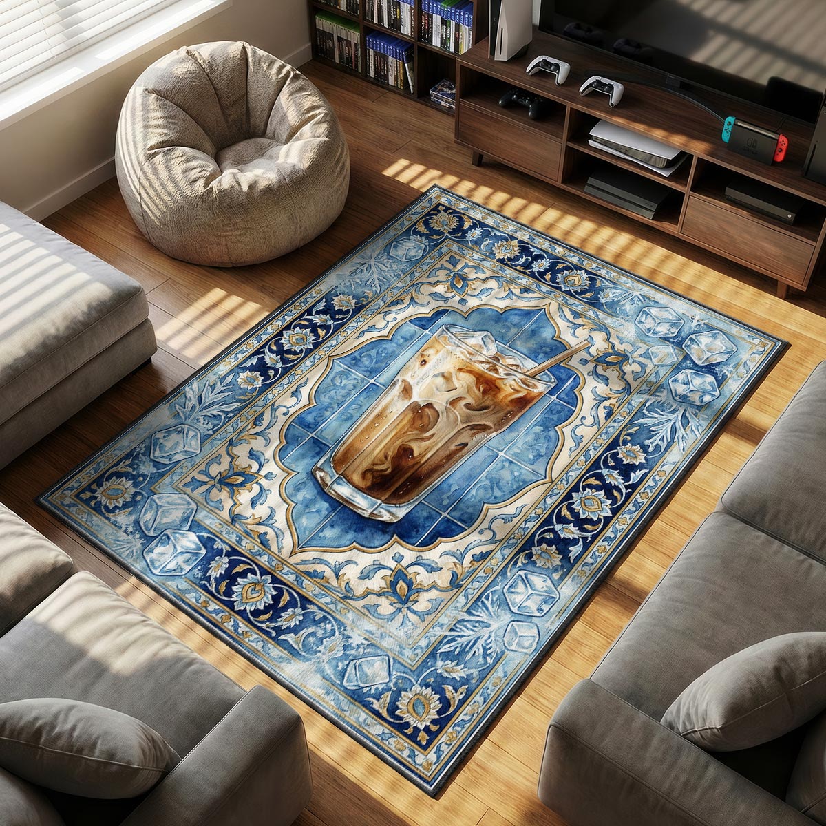 Close-up of iced coffee mat showing cream and espresso swirl detail and navy border texture