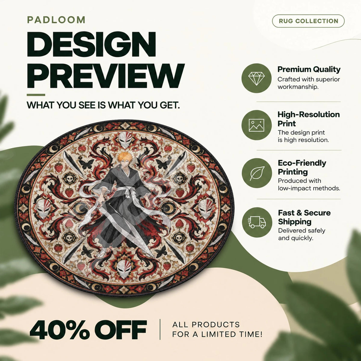 Ichigo Hollow Bleach round rug full design preview
