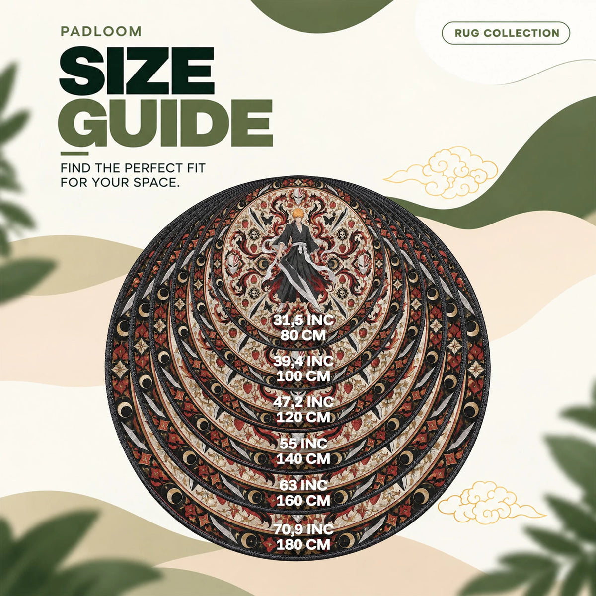 Ichigo Hollow round rug size guide, 80 to 180 cm (31.5 to 70.9 in)