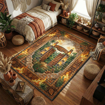Iconic Jurassic Park gates opening to a lush jungle with a flaming border in a vintage watercolor illustration style movie themed area rug and home theater mat