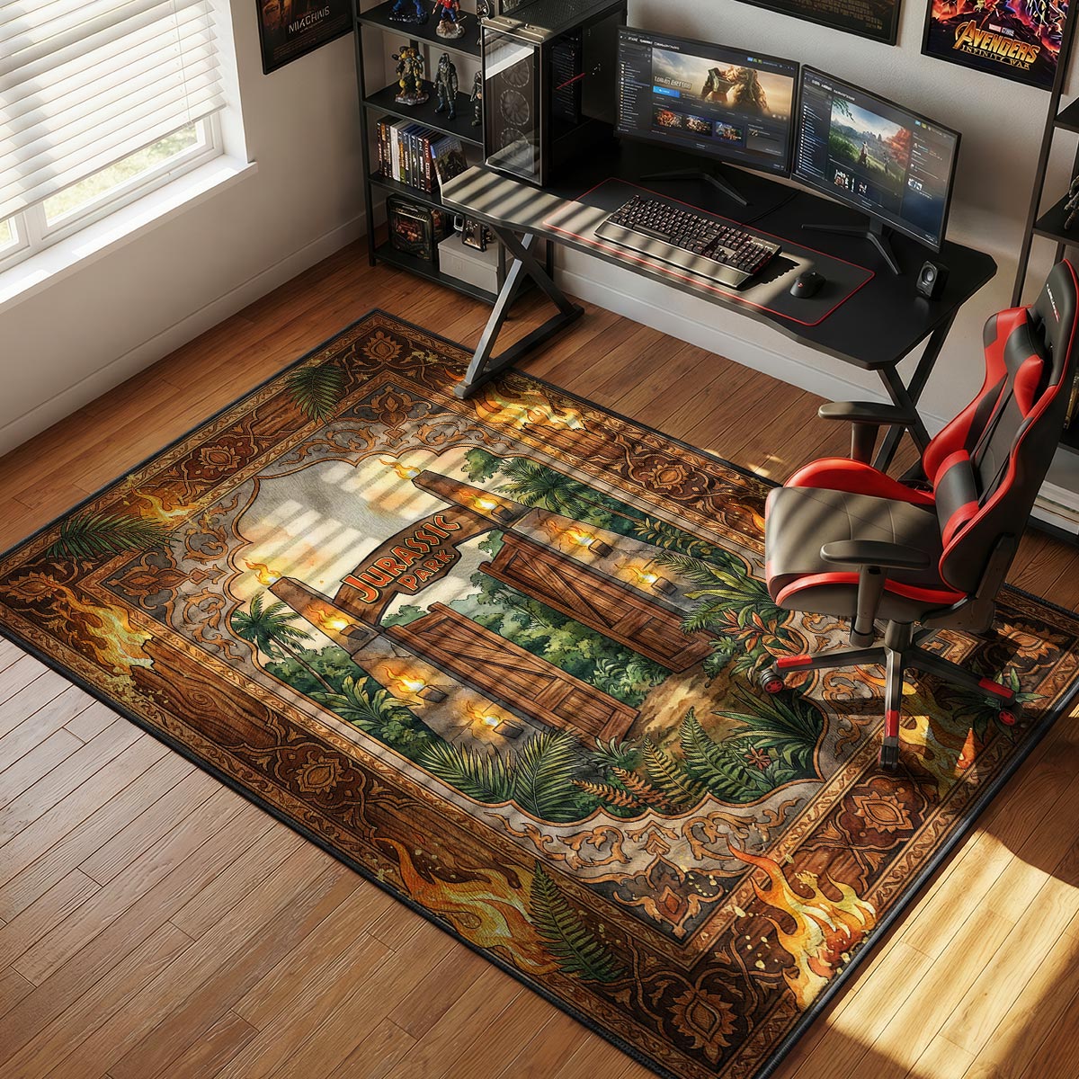 Iconic Gates Flaming Jungle Jurassic Park Room rug — main product view