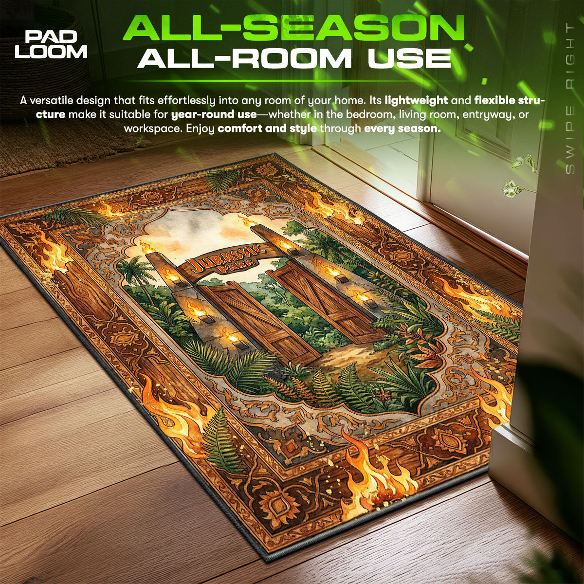 Iconic Gates Flaming Jungle Jurassic Park Room fan rug — premium quality print