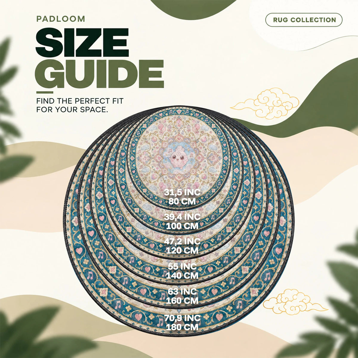 Igglybuff Melody round rug size guide, 80 to 180 cm (31.5 to 70.9 in)