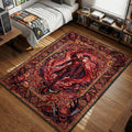 Igris the Red Knight standing in crimson armor on ornate Persian style area rug and floor mat