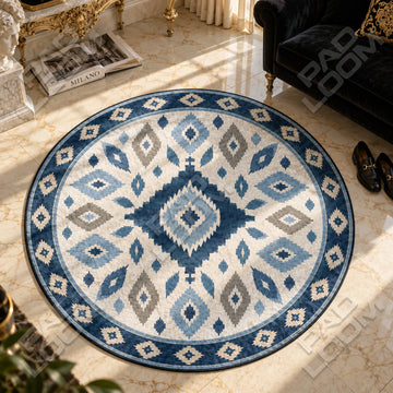 Ikat Indigo runder Teppich im Wohnraum - Boho-Teppich rund