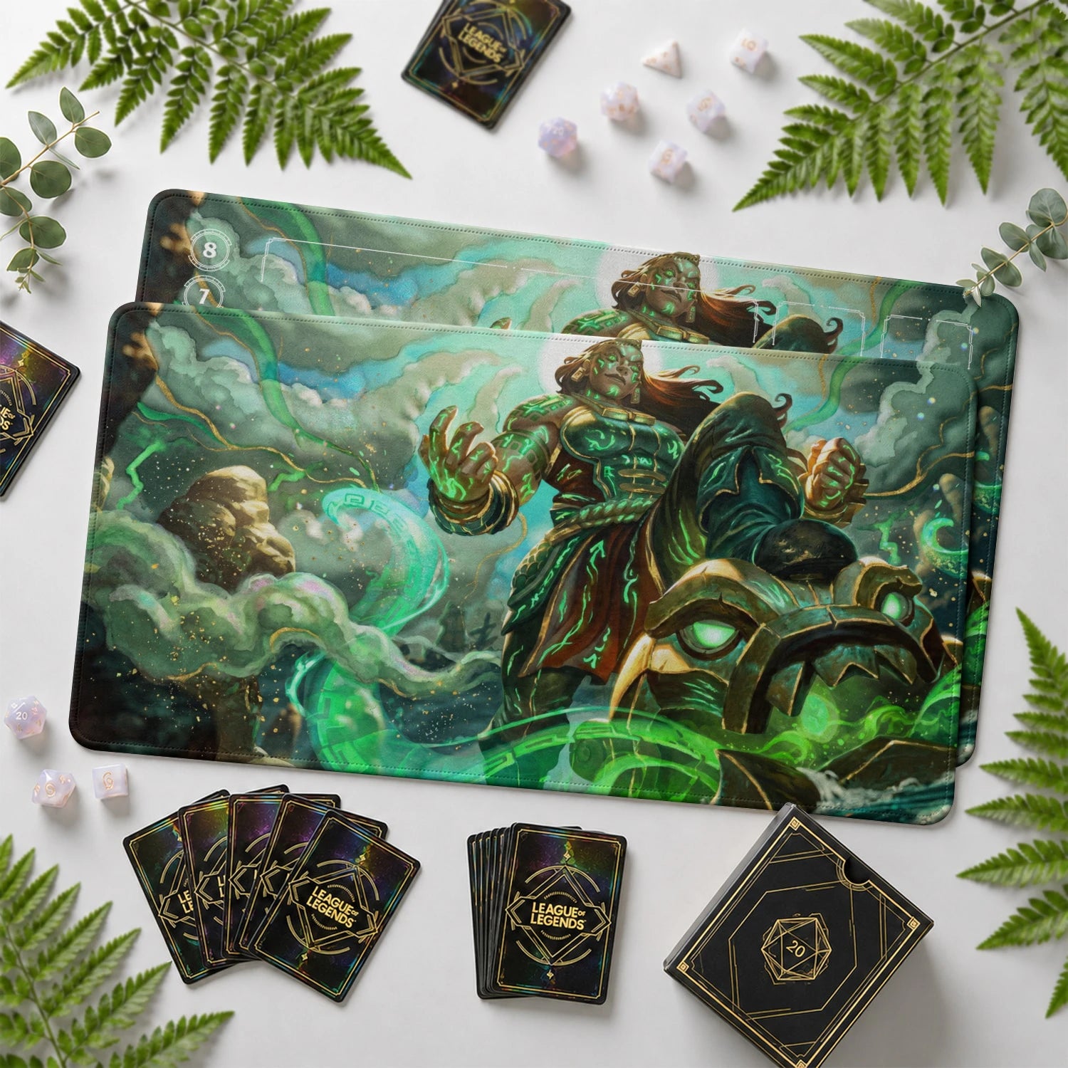 Illaoi Verdant Riftbound TCG playmat with card zones and score track – LoL game mat