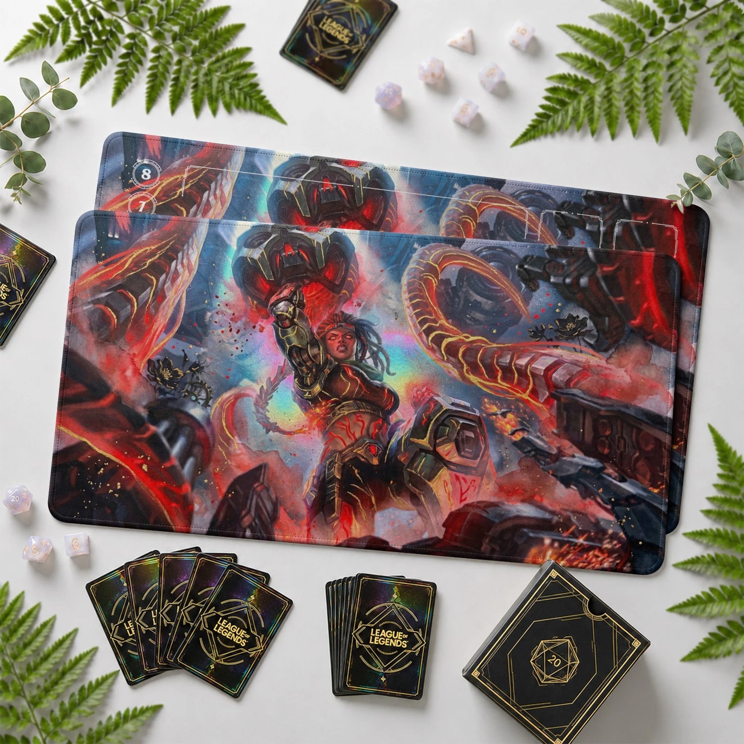 Illaoi Warfront Riftbound TCG playmat with card zones and score track – LoL game mat