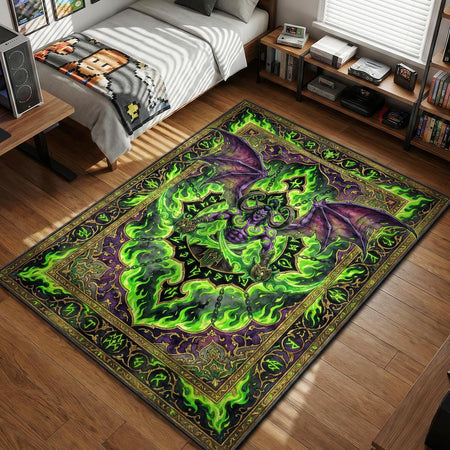 Illidan Stormrage displaying warglaives amidst fel fire and runes fantasy art gaming area rug and floor mat