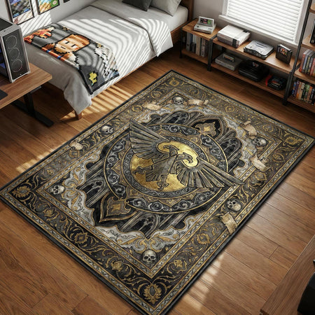Imperial Aquila double-headed eagle symbol in gothic stone and gold art style gaming area rug and floor mat