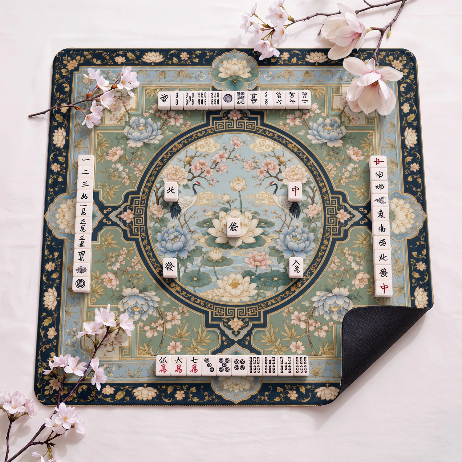 Imperial Crane Lotus design close-up on mahjong mat surface