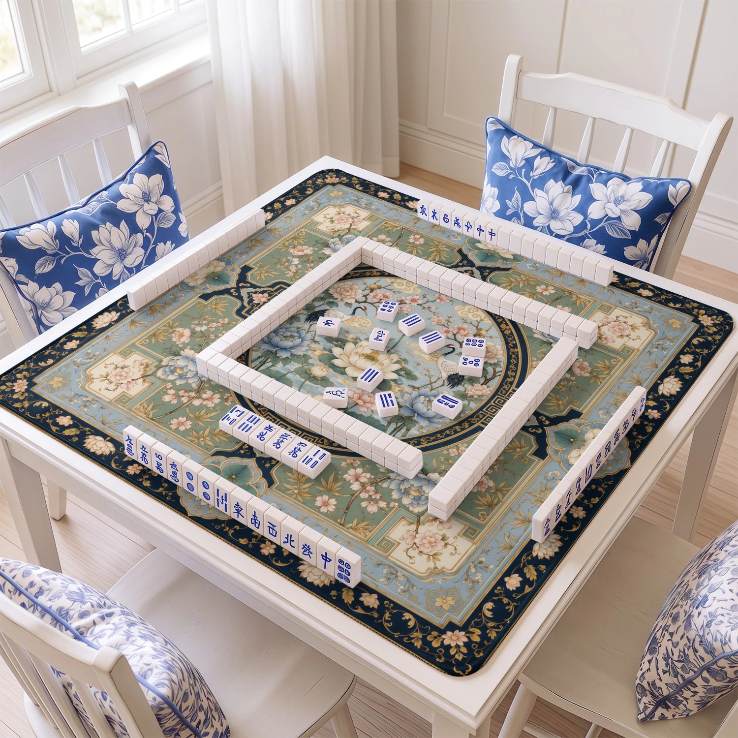 Imperial Crane Lotus mahjong mat with tiles and racks on the table