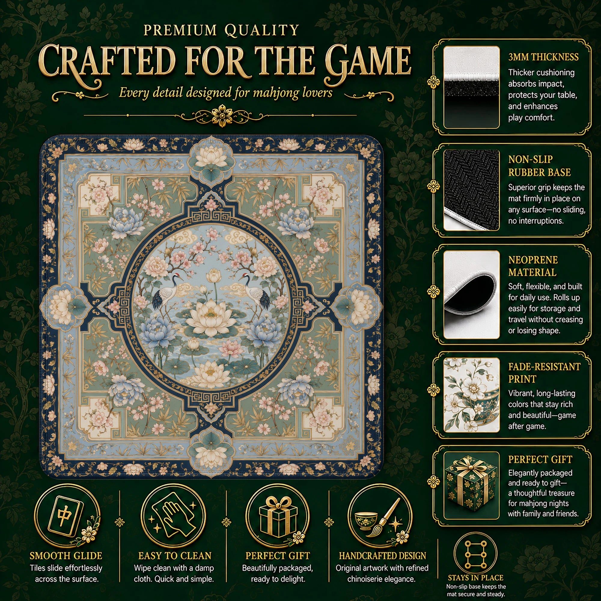 Imperial Crane Lotus Mahjong Mat – neoprene mah jongg table mat