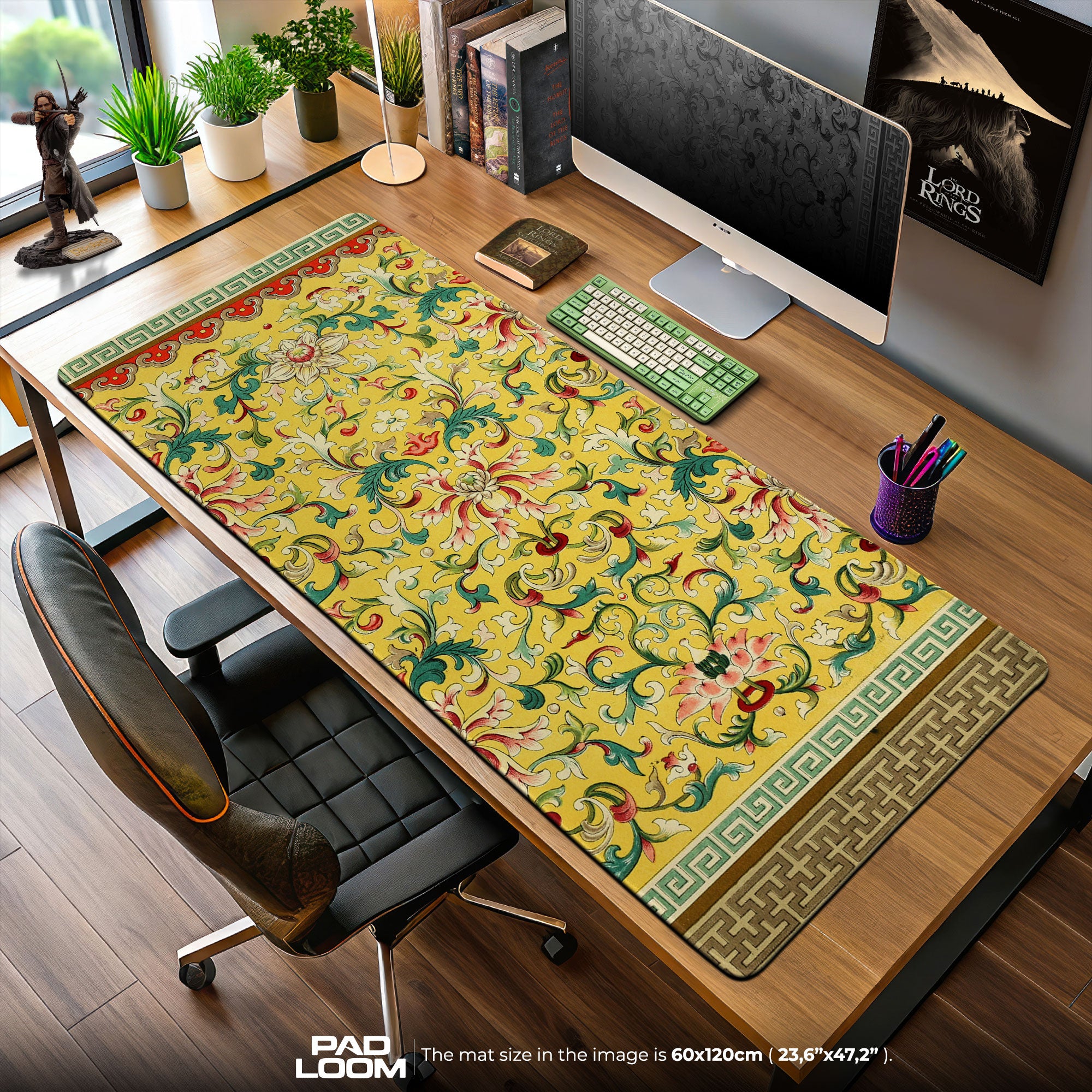 Imperial Yellow Mauspad, verzierte Floral Brokat Gaming Schreibtischmatte