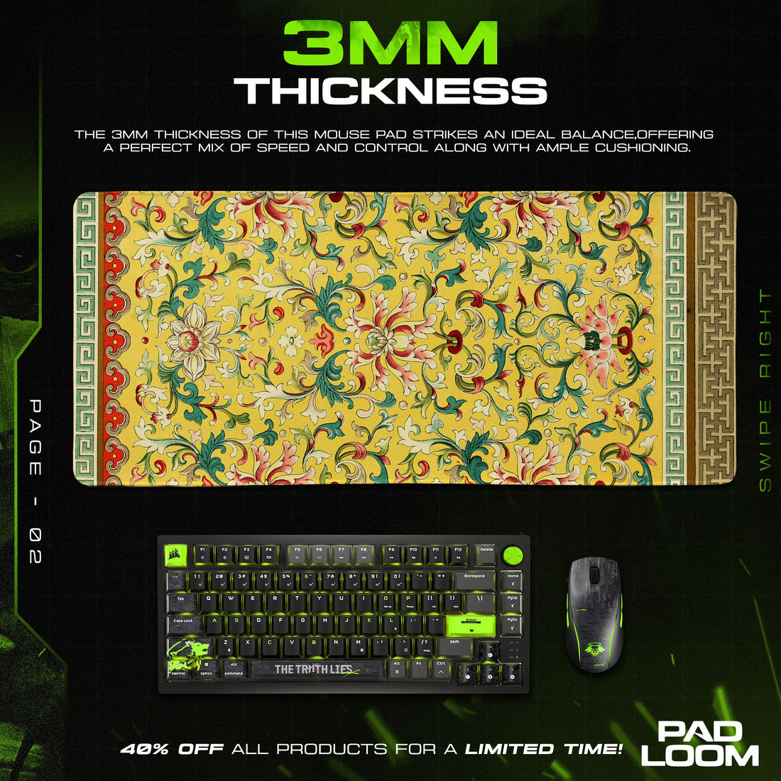 Imperial Yellow Mouse Pad, Ornate Floral Brocade Gaming Desk Mat