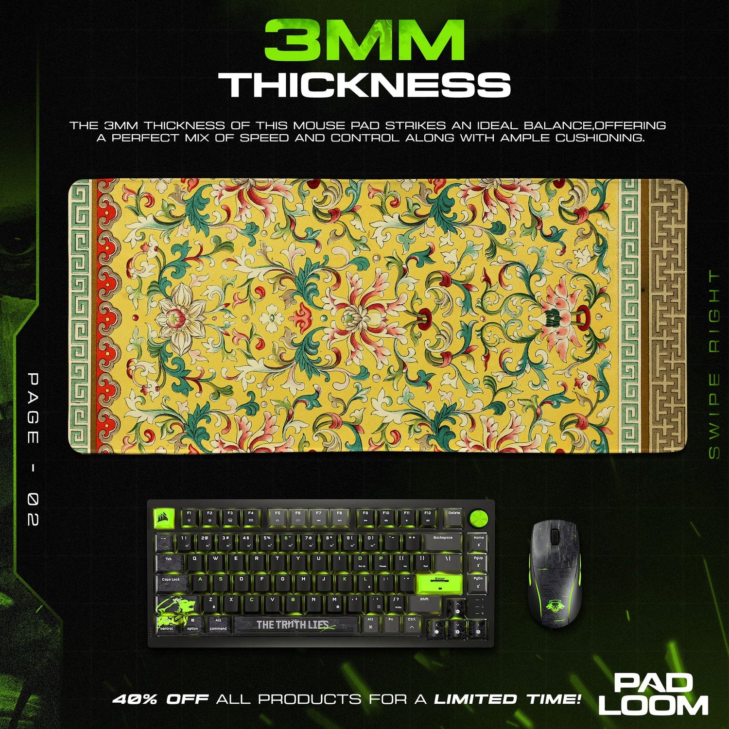 Imperial Yellow Mouse Pad, Ornate Floral Brocade Gaming Desk Mat Padloom