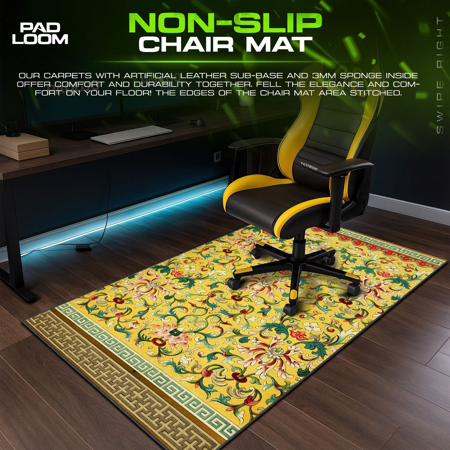 Imperial Yellow Mouse Pad, Ornate Floral Brocade Gaming Desk Mat Padloom