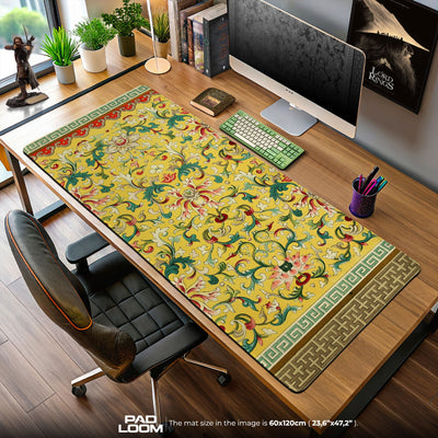 Imperial Yellow Mouse Pad, Ornate Floral Brocade Gaming Desk Mat