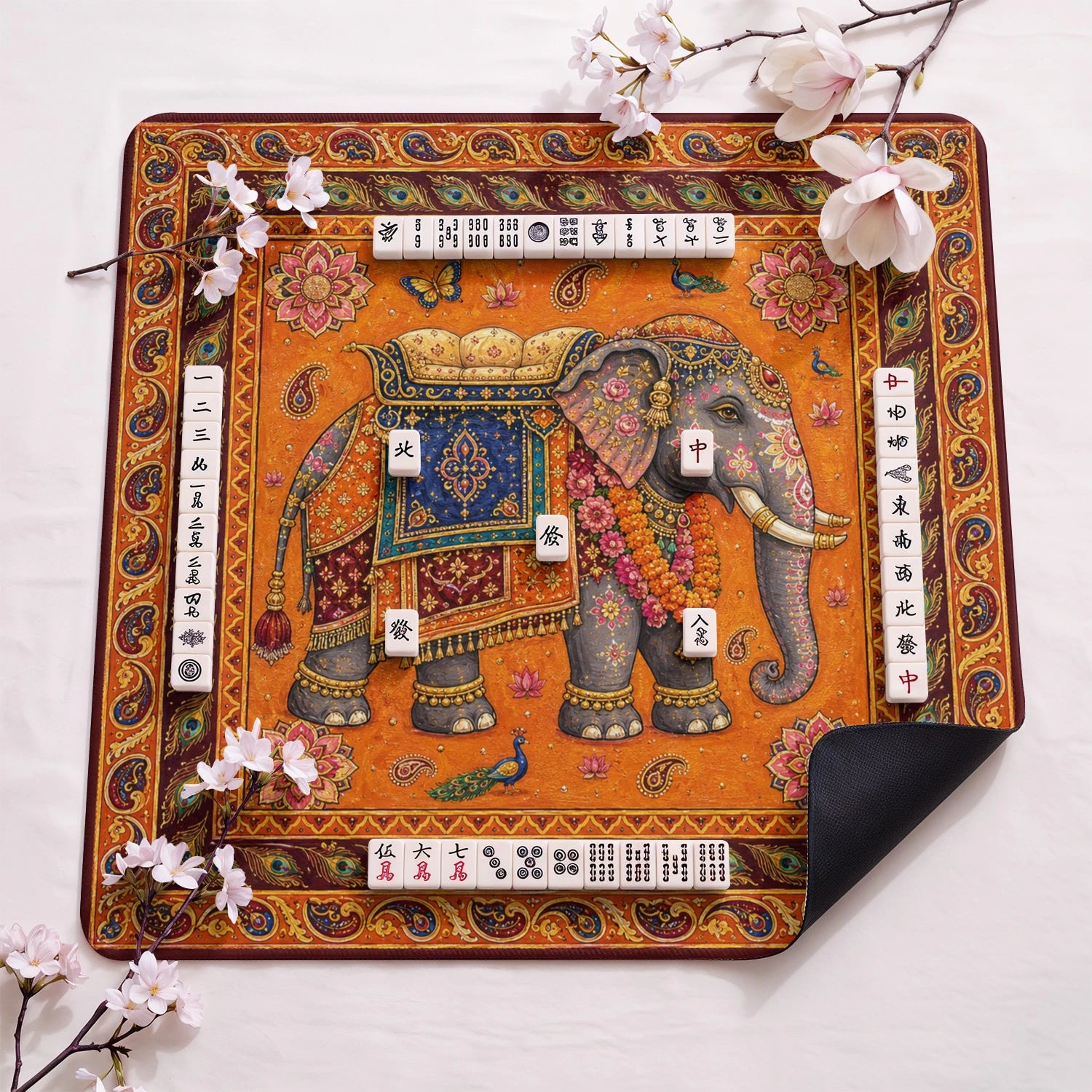 Indian Elephant design close-up on mahjong mat surface