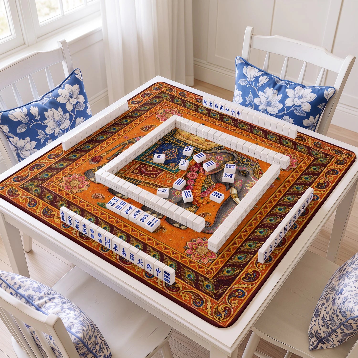 Indian Elephant mahjong mat with tiles and racks on the table