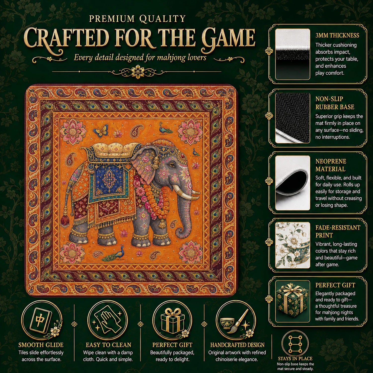 Indian Elephant Mahjong Mat – neoprene mah jongg table mat