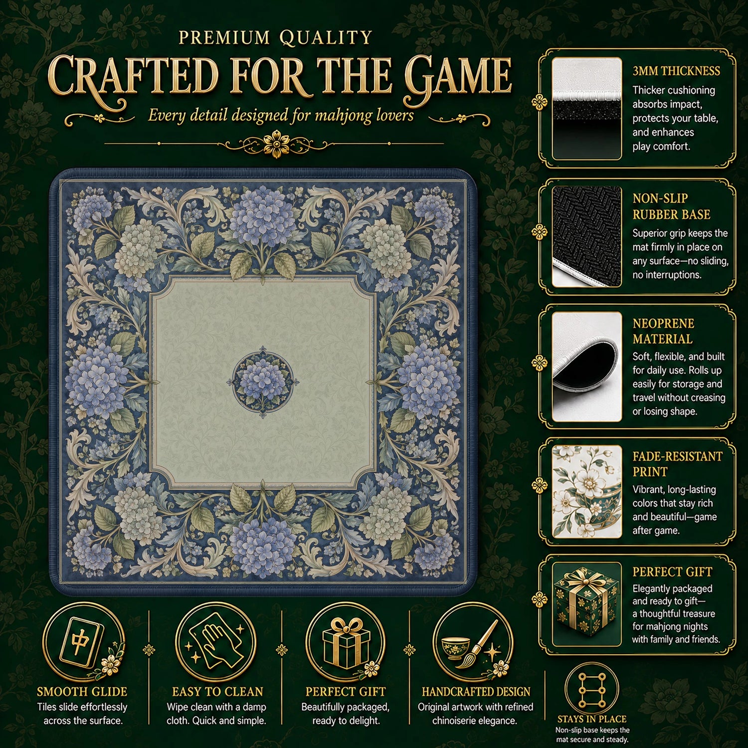 Indigo Hydrangea Morris Mahjong Mat - Mahjong Mat