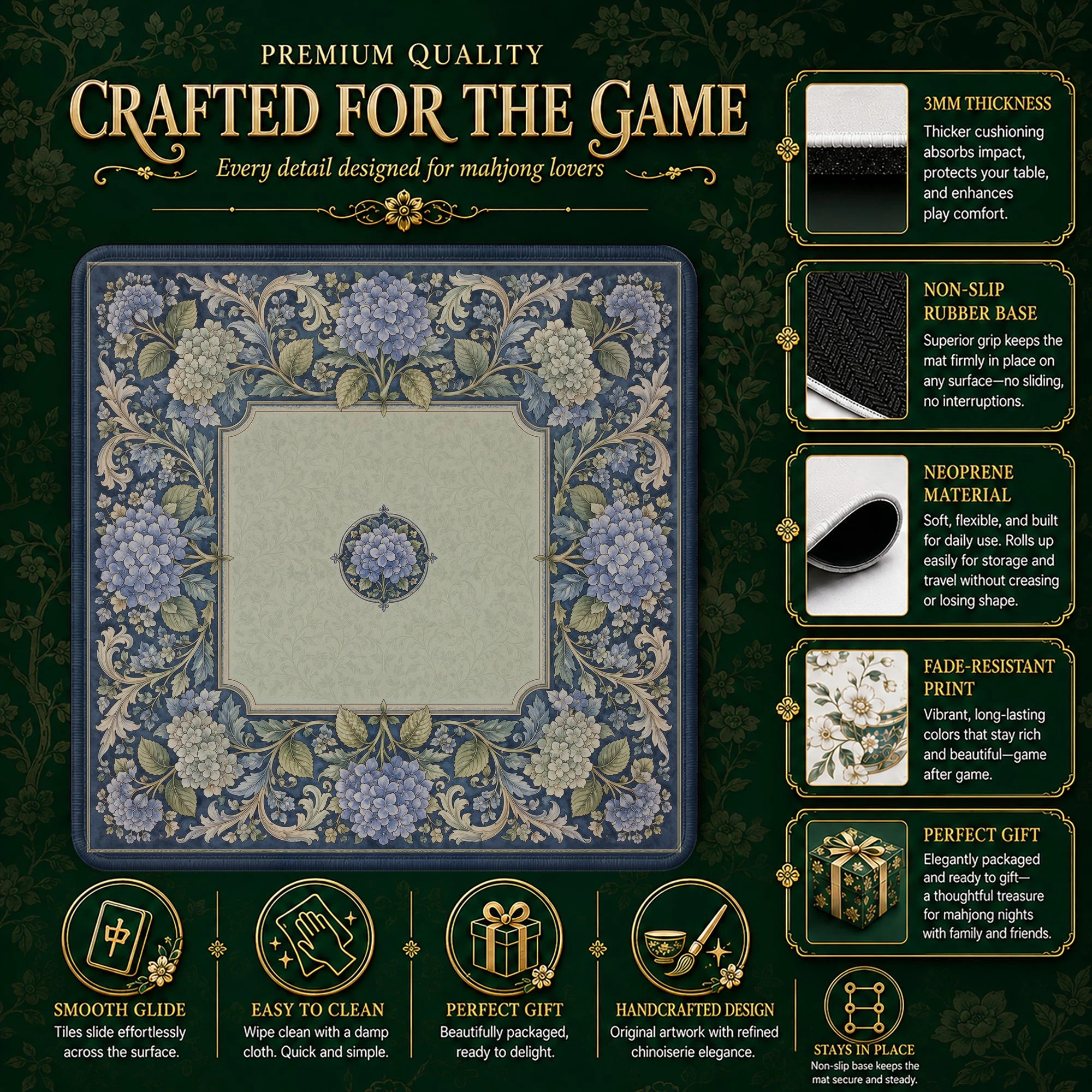 Indigo Hydrangea Morris Mahjong Mat - Mahjong Mat