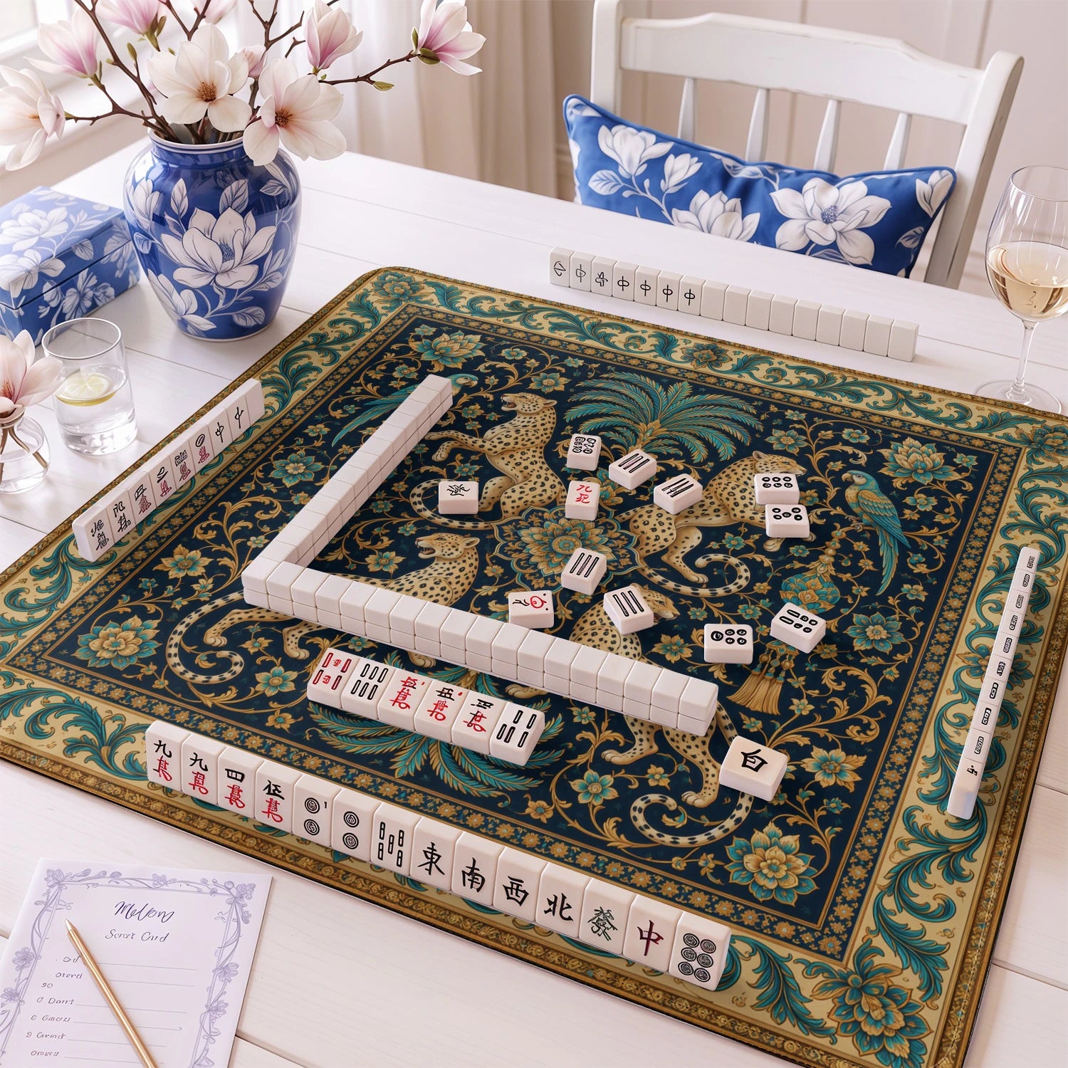 Indigo Leopard mahjong mat – M (60x60 cm) and L (81x81 cm) sizes