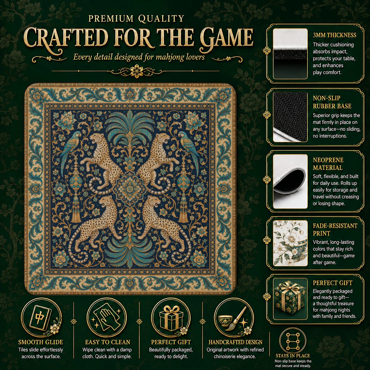 Indigo Leopard Mahjong Mat – neoprene mah jongg table mat