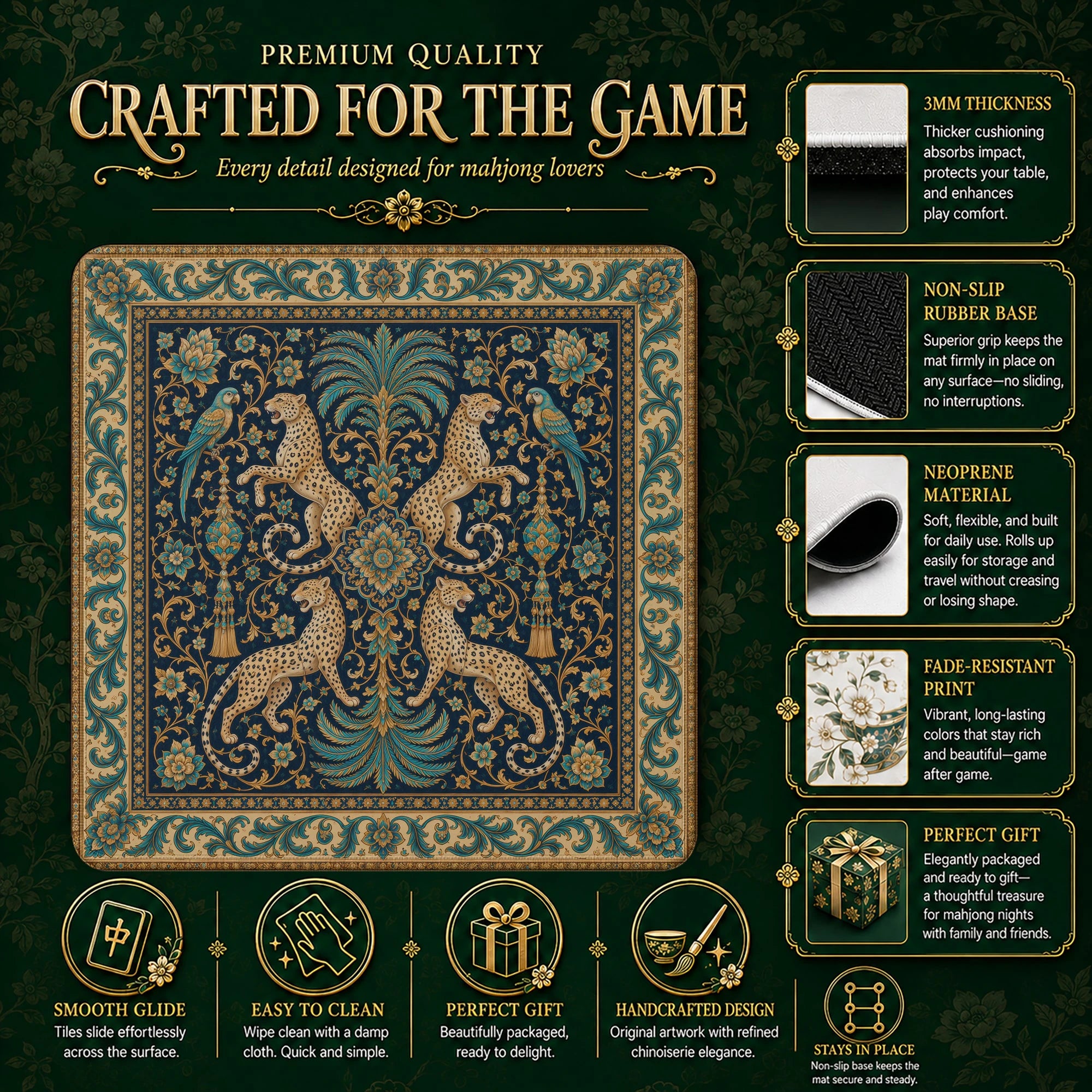 Indigo Leopard Mahjong Mat – neoprene mah jongg table mat