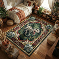Indominus Rex roaring in the jungle with broken gyrospheres vintage watercolor style movie themed area rug and home theater mat