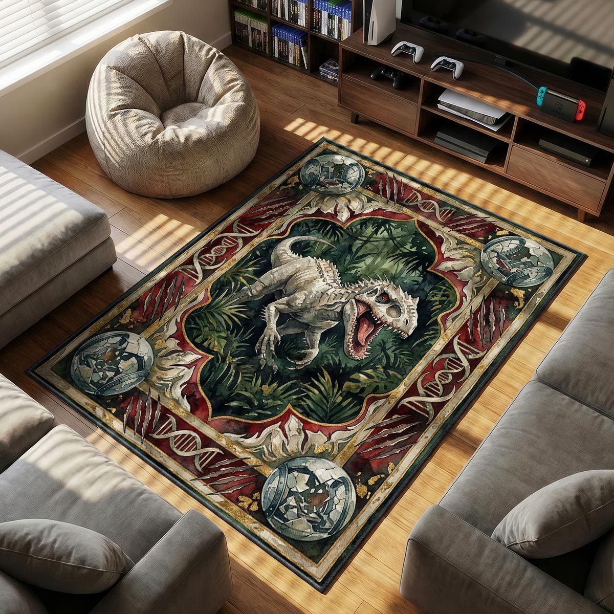 Indominus Rex themed area rug for home decor fans